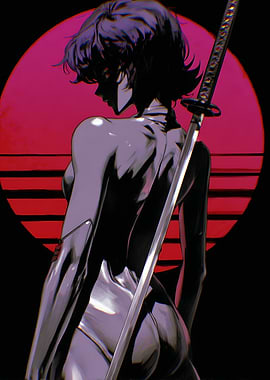 Cyberpunk Woman with Katana and Sunset