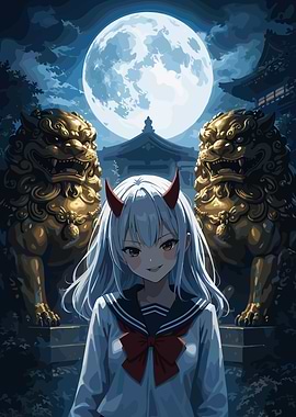 Anime Girl with Horns and Lion Statues