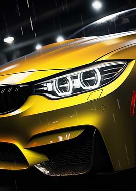 Yellow BMW M4 in the Rain