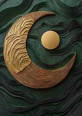 Golden Crescent Moon and Circle Art