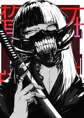 Cyberpunk Samurai Girl with Oni Mask