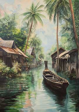 Tropical Canal with Boat and Houses
