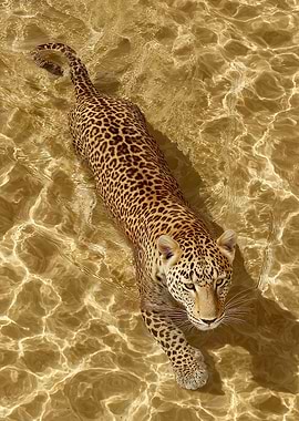Leopard swimming in golden water