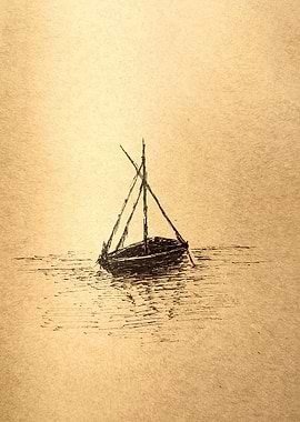 Small Boat on Water Ink Drawing