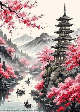 Japanese Pagoda with Cherry Blossoms