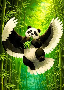 Winged Panda Eating Bamboo in Forest