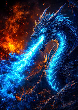 Blue Dragon Breathing Fire Digital Art
