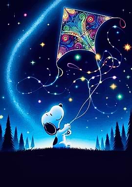 Snoopy and Kite Under Starry Sky