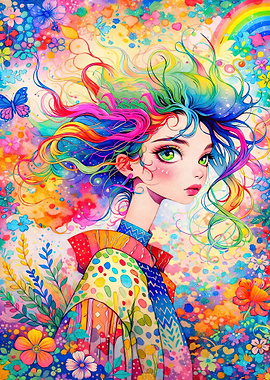 Colorful Anime Girl Portrait with Flowers