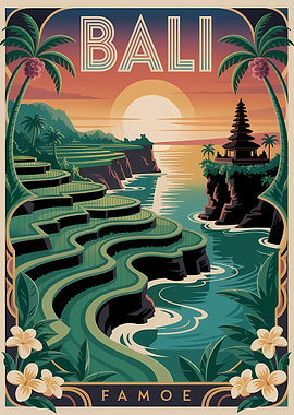 Bali Travel Poster: Rice Terraces and Temple