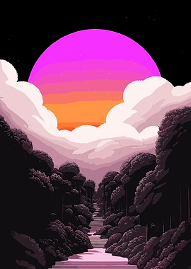 Pixel Art Sunset Forest Stairway