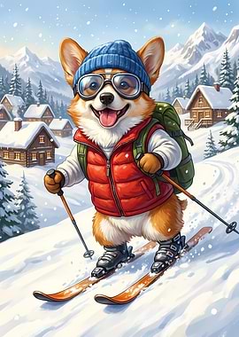 Corgi Skiing in Winter Landscape