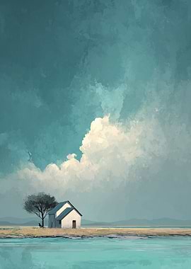 Seaside House Under Cloudy Sky Painting