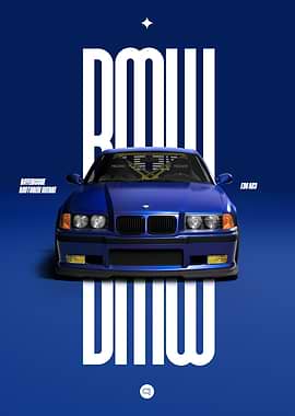 BMW E36 M3 Blue Car Poster