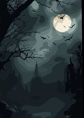 Spooky Night Scene with Bats and Moon