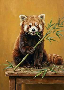Red Panda Eating Bamboo Painting
