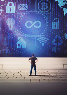 Man on Keyboard with Digital Icons