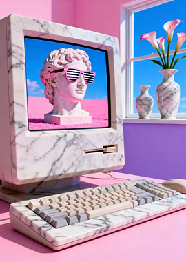 Retro Marble Computer with Statue Vaporwave