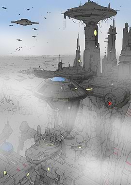 Futuristic Cityscape with Spaceships