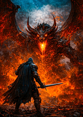 Knight Facing Fiery Dragon in Hellscape