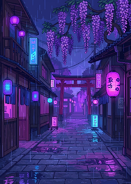 Pixel Art Rainy Japanese Street Scene