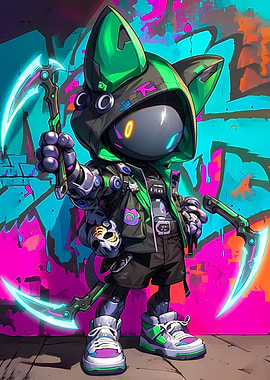 Cyberpunk Cat Robot with Scythes