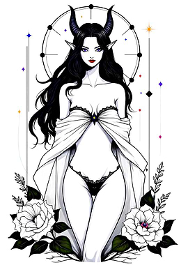 Succubus Woman with Horns and Flowers