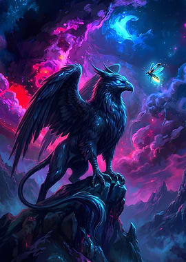 Griffin and Firefly in Fantasy Landscape