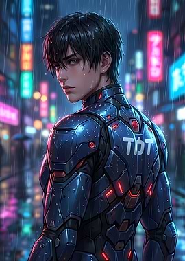 Cyberpunk Anime Character in Rainy City
