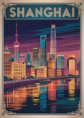 Shanghai Cityscape Art Deco Poster