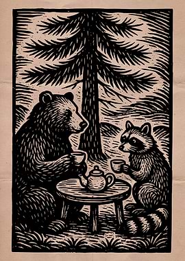 Bear and Raccoon Tea Party Woodcut