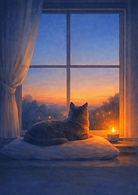 Cat looking at sunset by window drawing