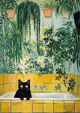 Black Cat in Yellow Tiled Bathtub