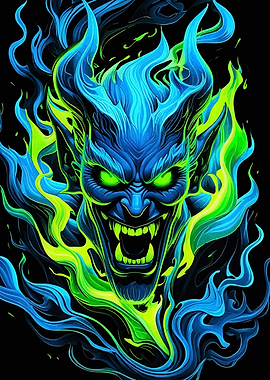 Blue and Green Demon Face
