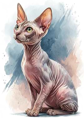 Watercolor Sphynx Cat Portrait