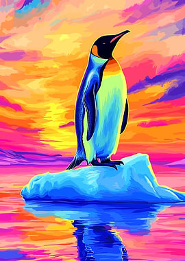 Colorful Penguin on Iceberg Illustration