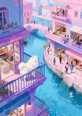 Pastel Canal Scene with Samoyed Dog
