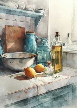 Watercolor Kitchen Still Life with Lemons