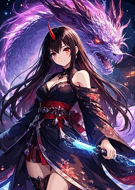 Anime Girl with Dragon and Sword
