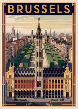 Brussels Cityscape Art Deco Poster