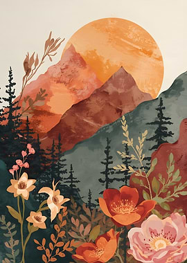 Floral Mountain Landscape Art Print