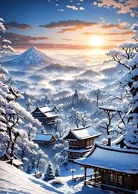 Winter Japanese Landscape with Mountain View