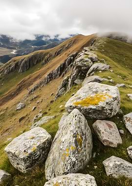 Mountain Ridge with Rocks and Clouds
