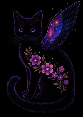 Winged Cat with Floral Design