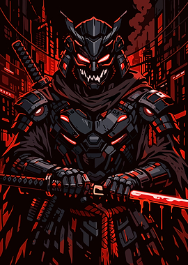 Cyberpunk Samurai Warrior in Red City