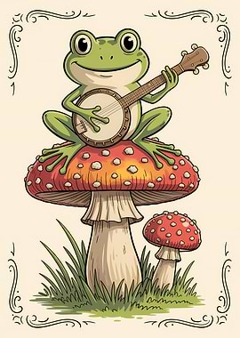 Frog playing banjo on mushroom