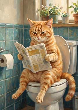 Cat Reading Newspaper on Toilet
