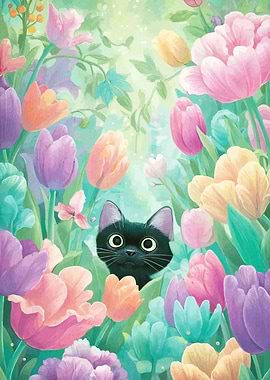 Black cat in a tulip garden