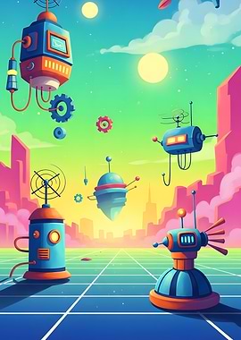 Retro Futuristic Cityscape with Robots