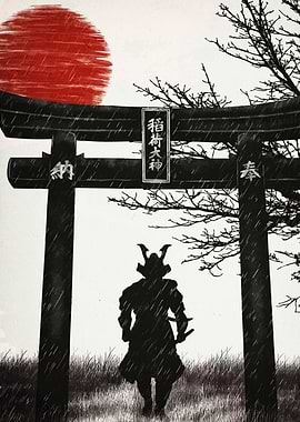 Samurai Silhouette Under Torii Gate